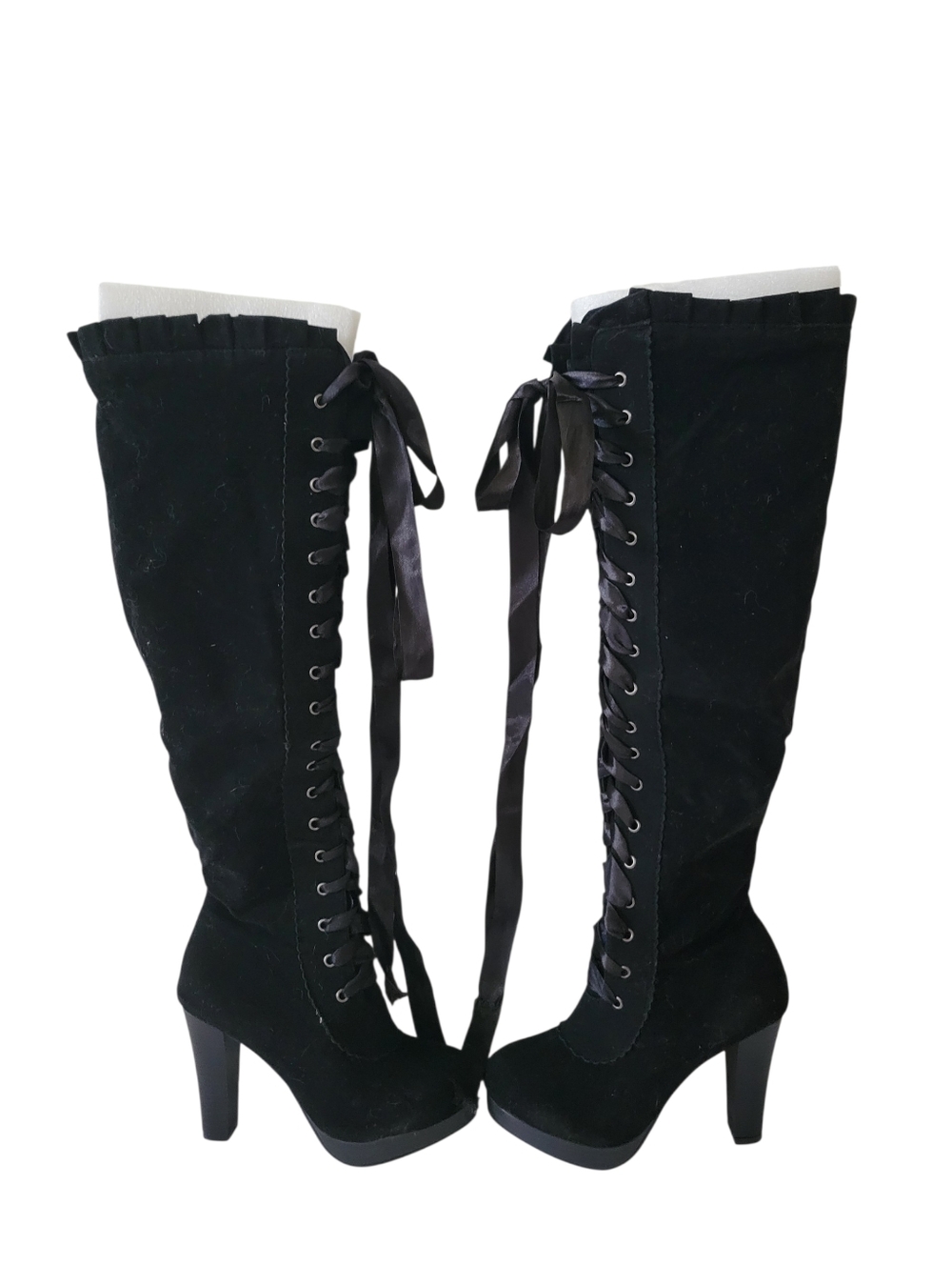 Victorian Inspired Black Faux Suede Over the Knee Boots